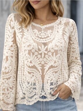 Cream Sheer Floral Lace Embroidered Top